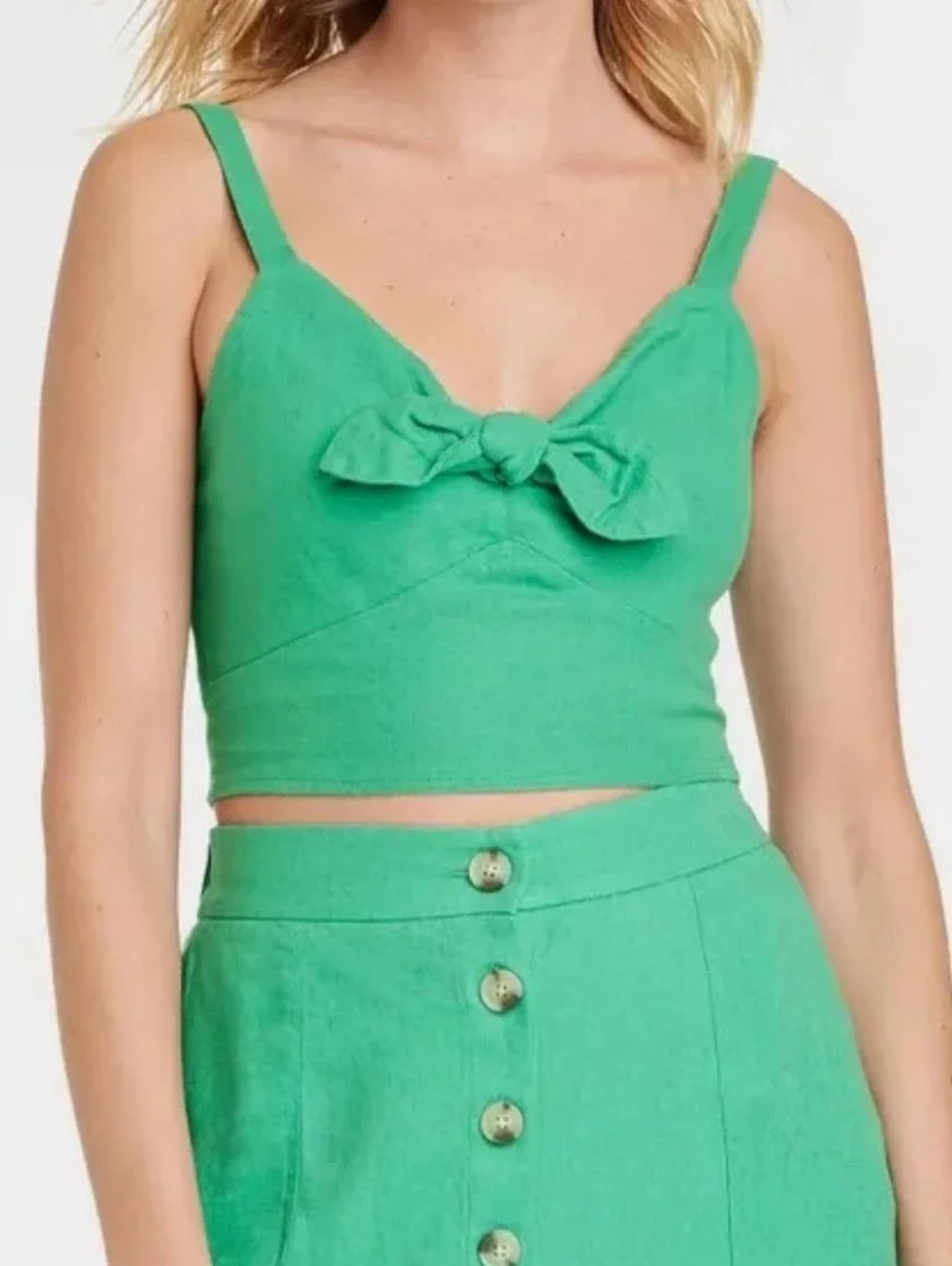 Linen Blend Tie Front Adjustable Crop Tank Top - Picture 5 of 10